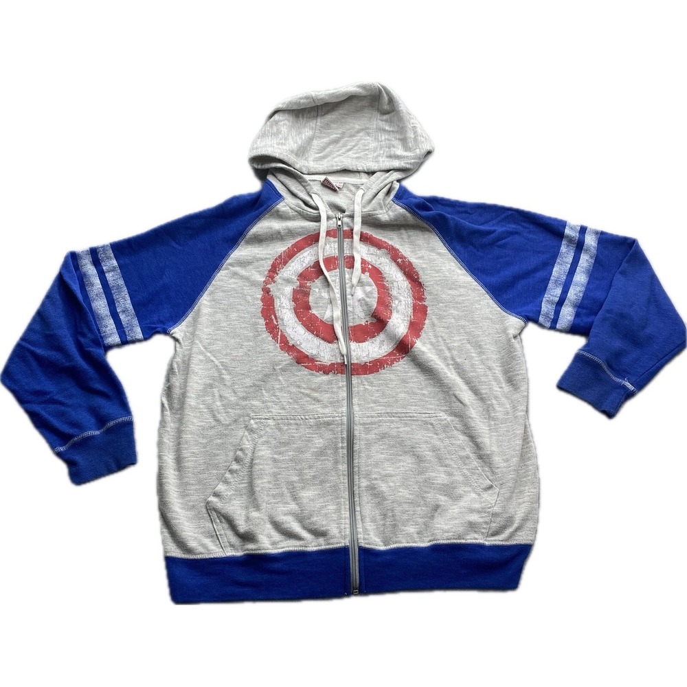 VTG Marvel Captain America Shield Logo Full Zip Up Hoodie Size Large Gray blue